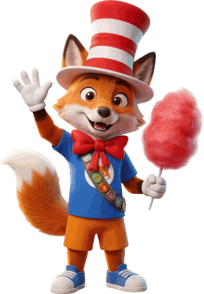 The Forbesy fox in a striped top hat holding candyfloss