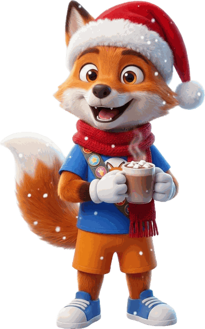 The Forbesy fox in a Santa hat holding a hot chocolate